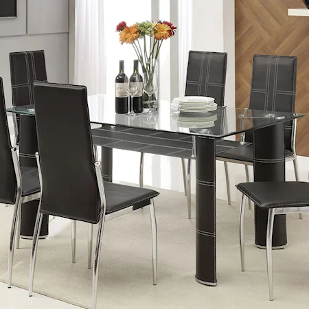 Contemporary Black Leg Dining Table with Beveled Glass Top and Vinyl Shelf